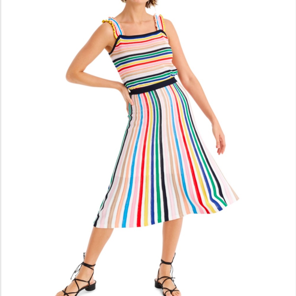 J.CREW RAINBOW STRIPE RUFFLE STRAP TANK SWEATER (M) & PULL-ON FLARE SKIRT (L)